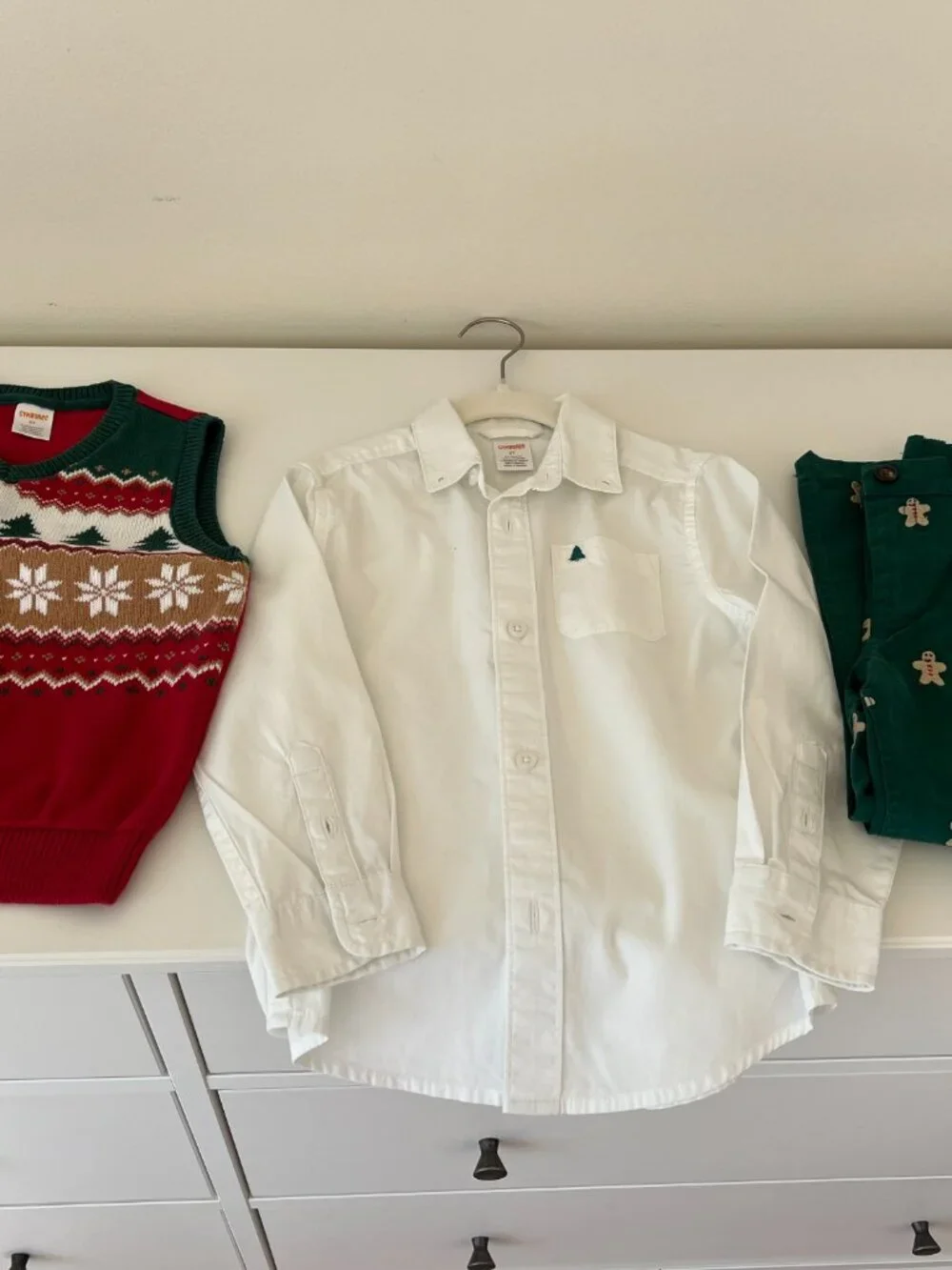 Gymboree Boy's Christmas Outfit, Gingerbread Pants, Tree Vest, White Shirt | 5T